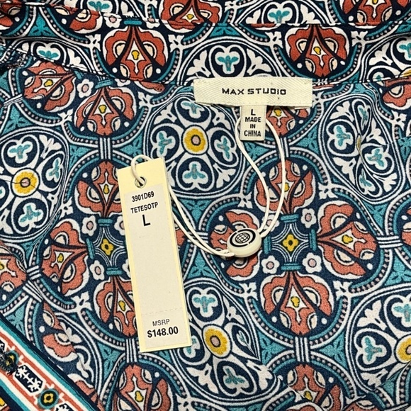 MAX STUDIO Crepe Tiered Maxi Dress Teal / Brick Print Side Pockets 3/4 Sleeves L - Picture 5 of 10